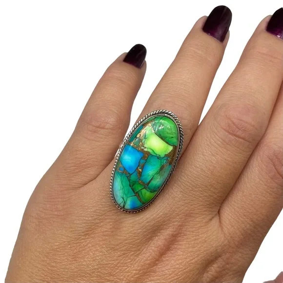 Peacock Dahlia Turquoise Ring Size 7 Solid 925 Sterling Silver Oval Green Blue - Picture 3 of 7